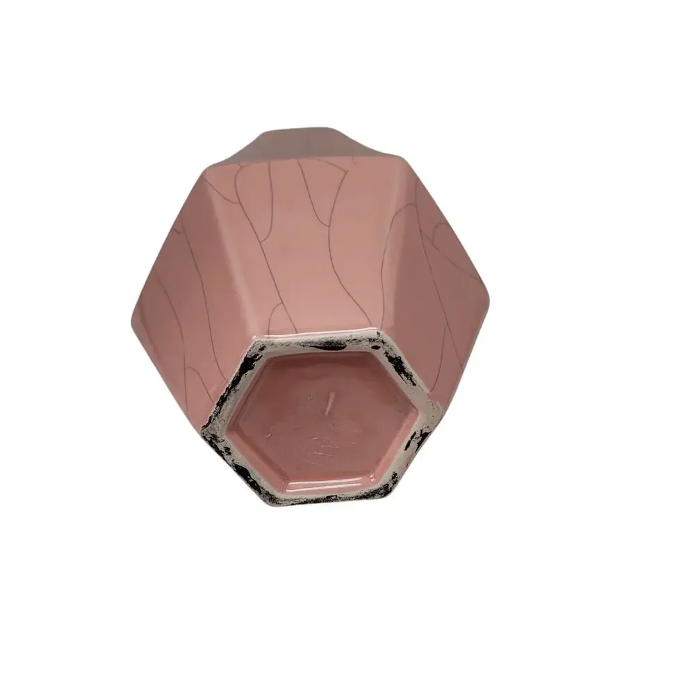 Vintage Crackle Pink Vase Hexagonal Gray Vein Porcelain Ceramic Tapered six Side - Picture 6 of 9